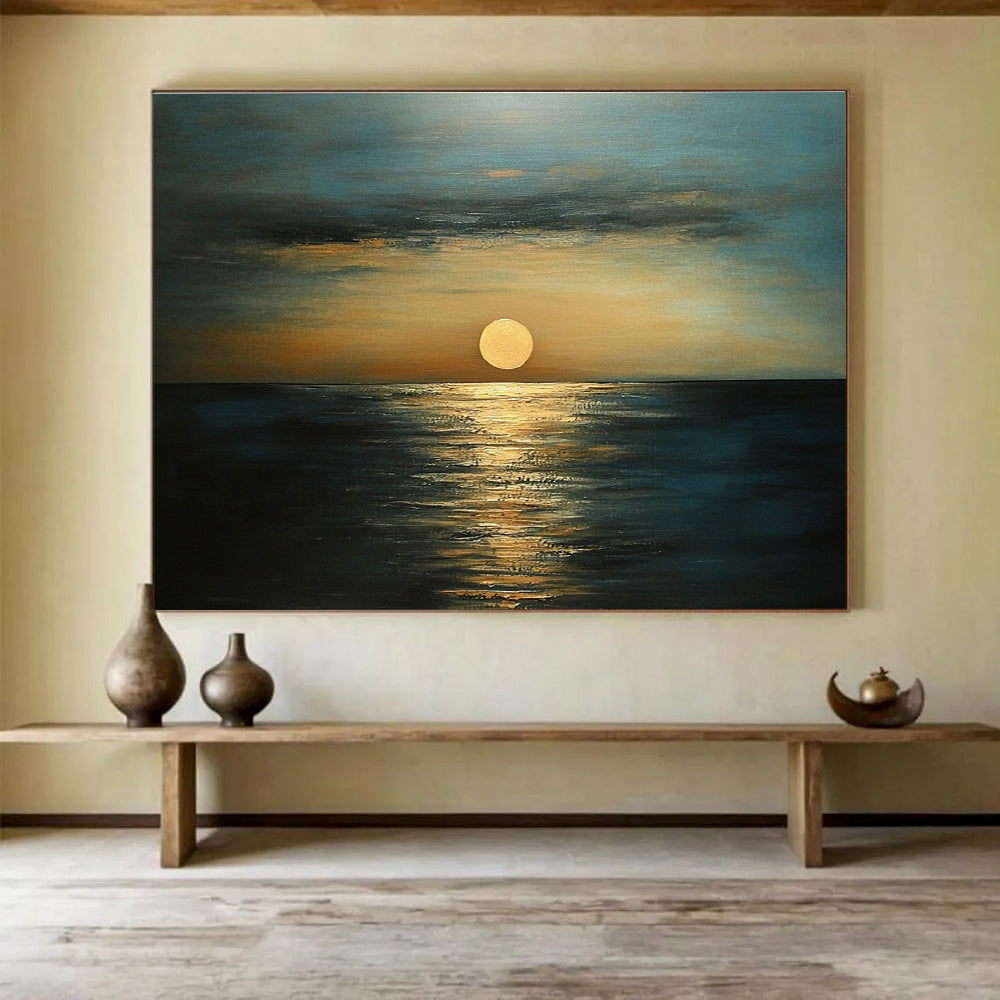 Golden Sunset Sea Abstract Painting with Orange and Blue Tones DYP571