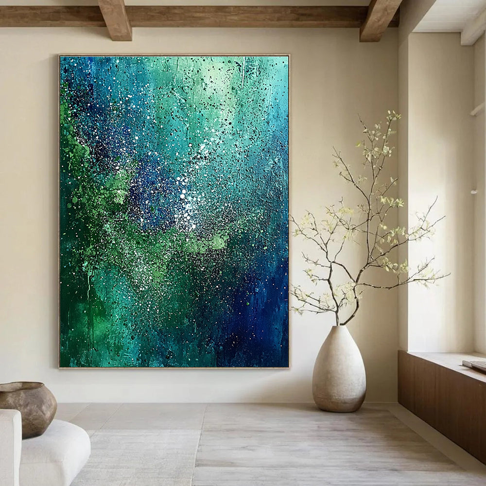 Abstract painting with green and blue hues featuring pointillist dots forest patterns and sparkling accents on a dark sky-blue backdrop.STSC066
