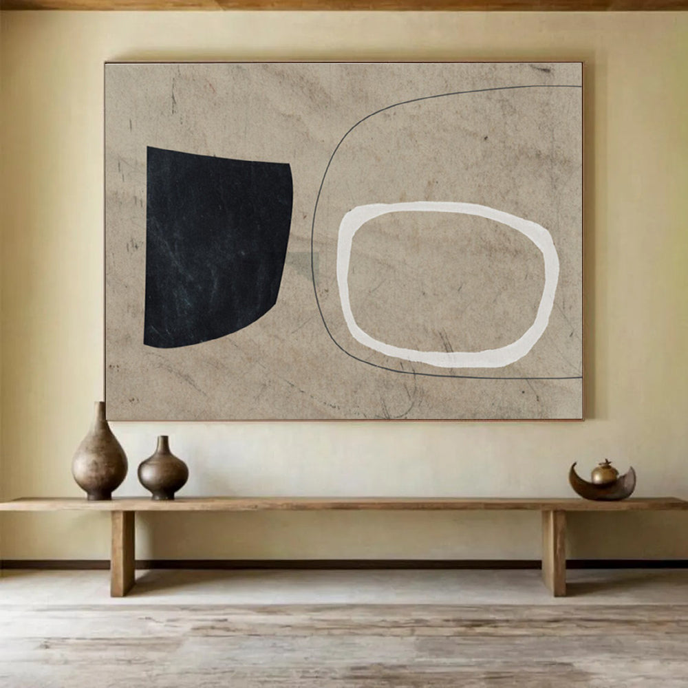 Neutral Toned Abstract Painting with Black White and Beige THY113