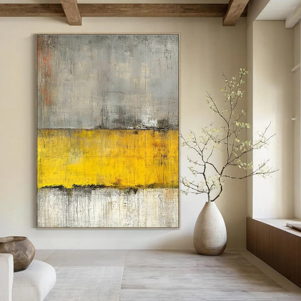 Large abstract painting featuring gray and yellow tones with a concrete texture and grainy canvas highlighted by horizontal lines.STSC233