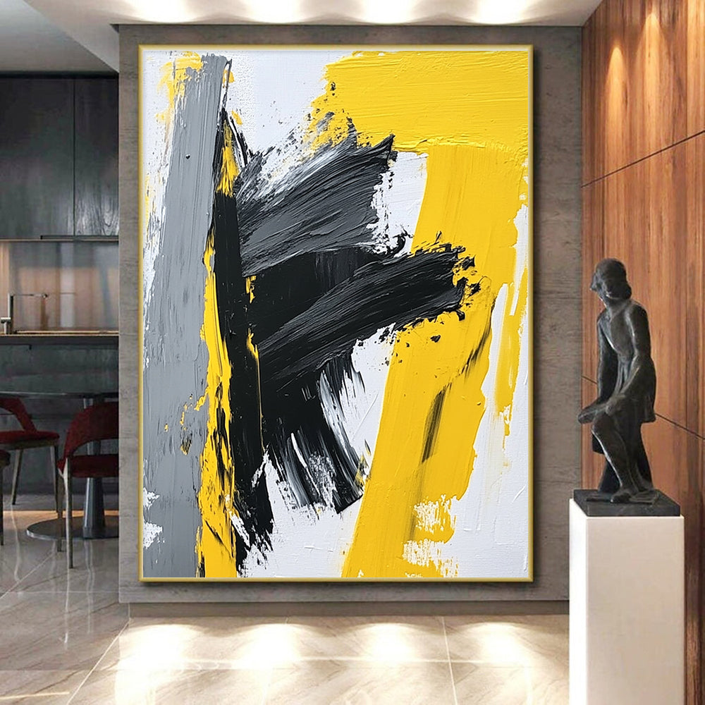 Yellow Gray and Black Abstract Painting with Bold Strokes GER412