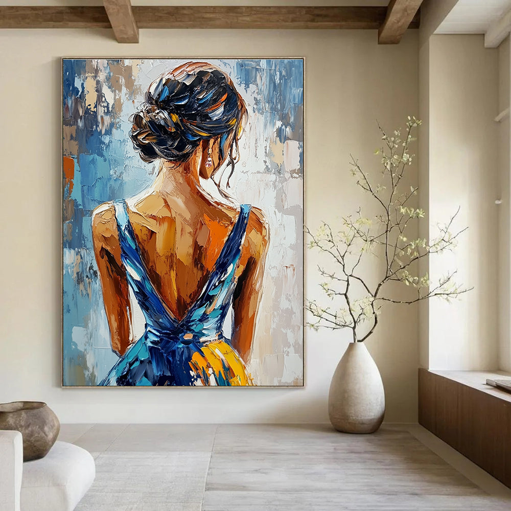 An abstract painting featuring an elegant woman in a blue and yellow dress seen from behind with vibrant impasto brushstrokes.STSC863