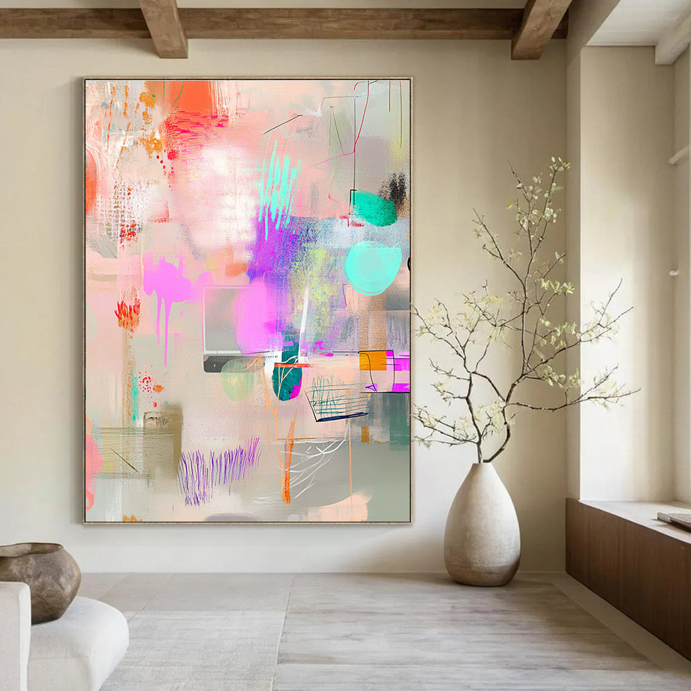 Large abstract painting featuring pastel colors and whimsical shapes on a light gray background ideal for creating a cheerful atmosphere in any space.STSC1025