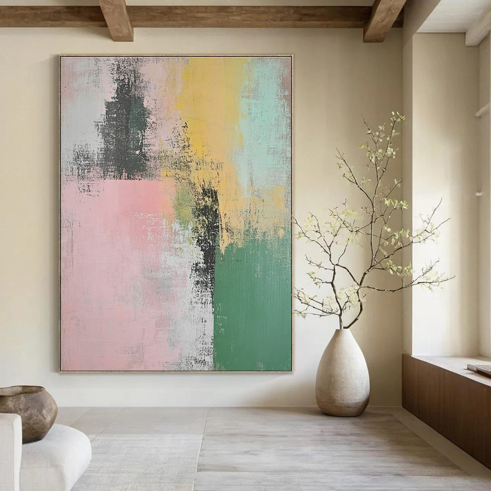 Large abstract painting featuring muted pastel greens pinks and yellows with organic brush strokes showcasing Paige Sessoms' poetry elegantly intertwined.STSC774