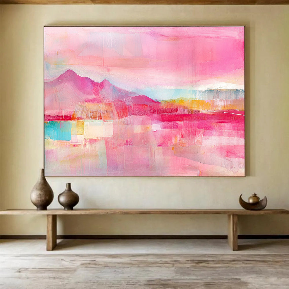 A large abstract painting featuring a pink sky with layers of soft pastel colors and textured brushstrokes, perfect for enhancing any space.SC344