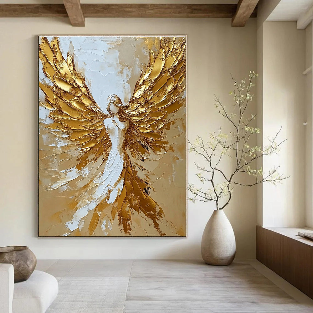 Abstract painting featuring a celestial angel with golden wings in a stunning gold and white palette knife technique.STSC008