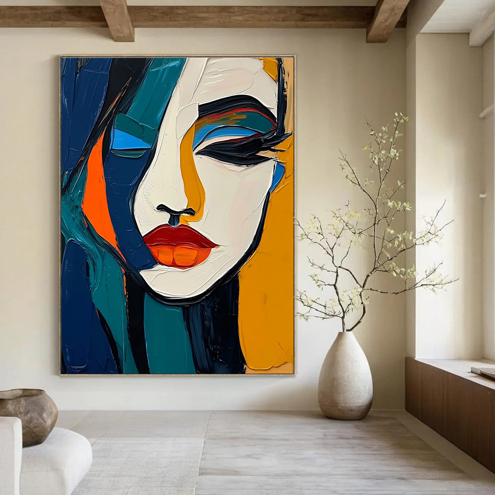 A large abstract painting with elegant features in vibrant colors merging with strong shadows bold lines and smooth textures.STSC1098