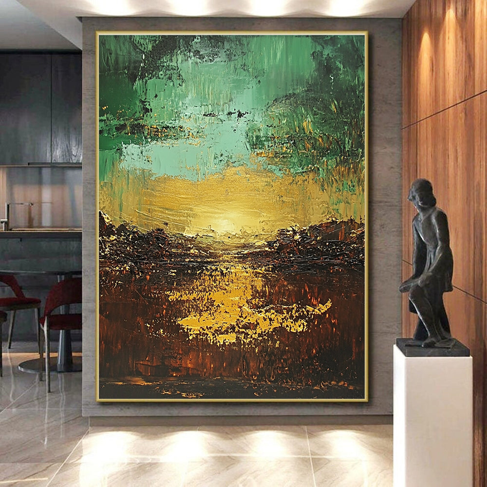 Green and Gold Abstract Painting with Textured Layers GER430