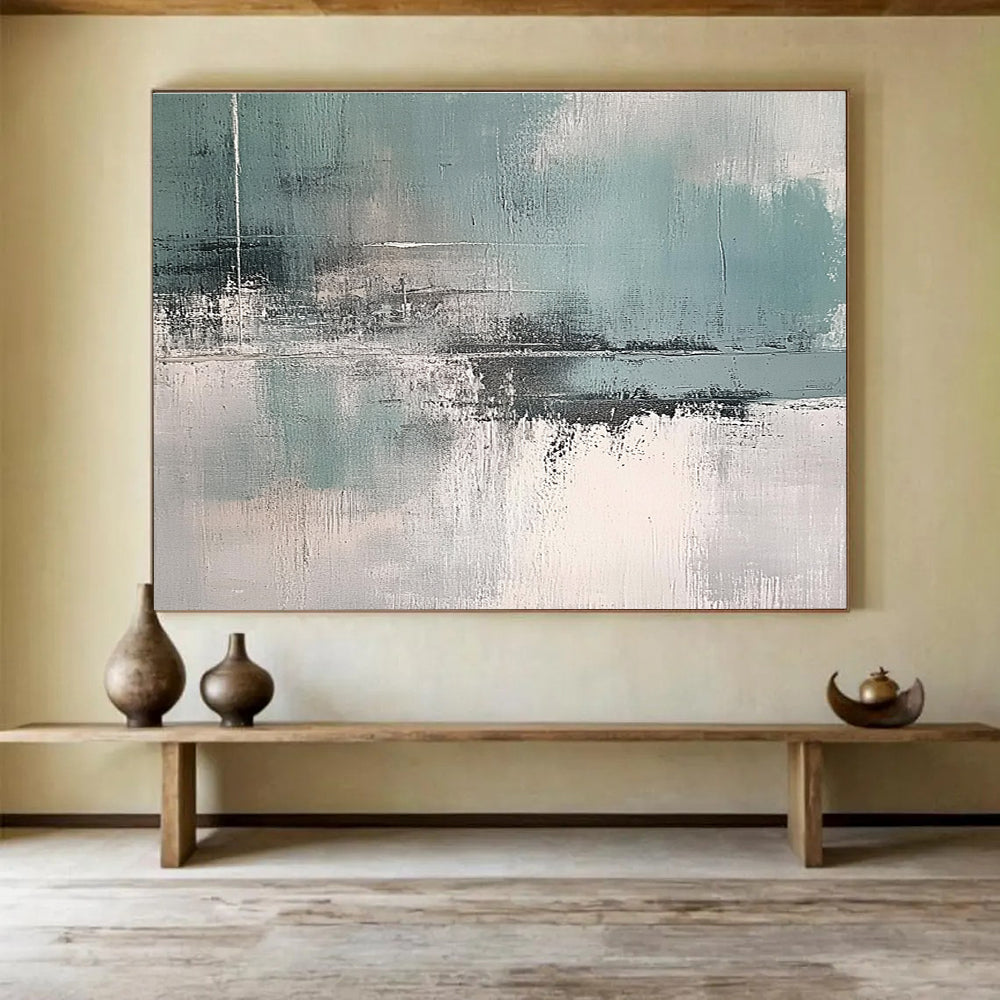 Large abstract art painting featuring muted teal grey and white colors for a sophisticated touch in any space.SC296