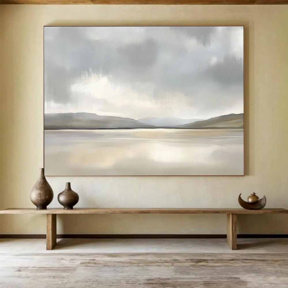 Minimalist Lake Scene Abstract Painting with Grays and Beiges DYP233