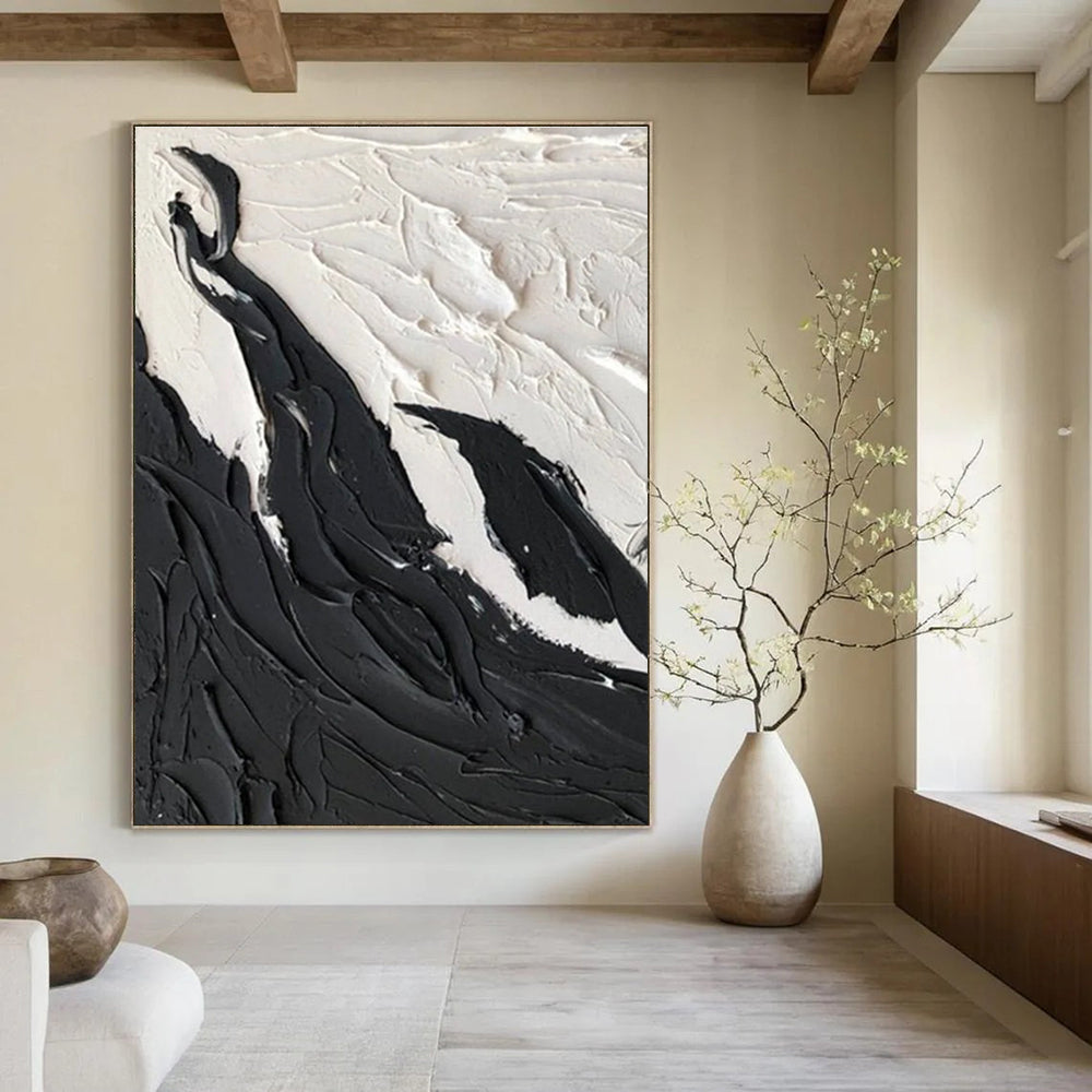 Black and White Textured Abstract Painting with Mountain - like Forms ADGE404