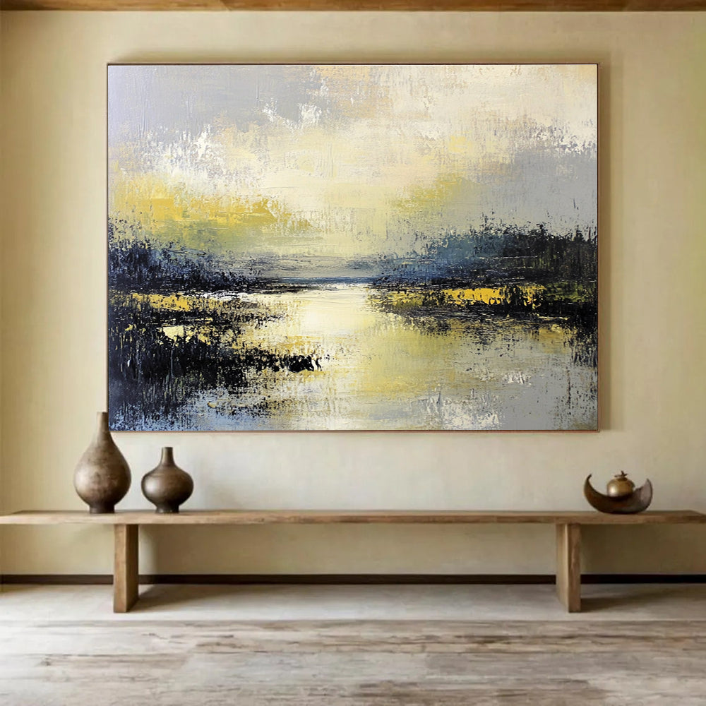 Textured Marshland Abstract Painting with Yellows Greens and Grays DYP238