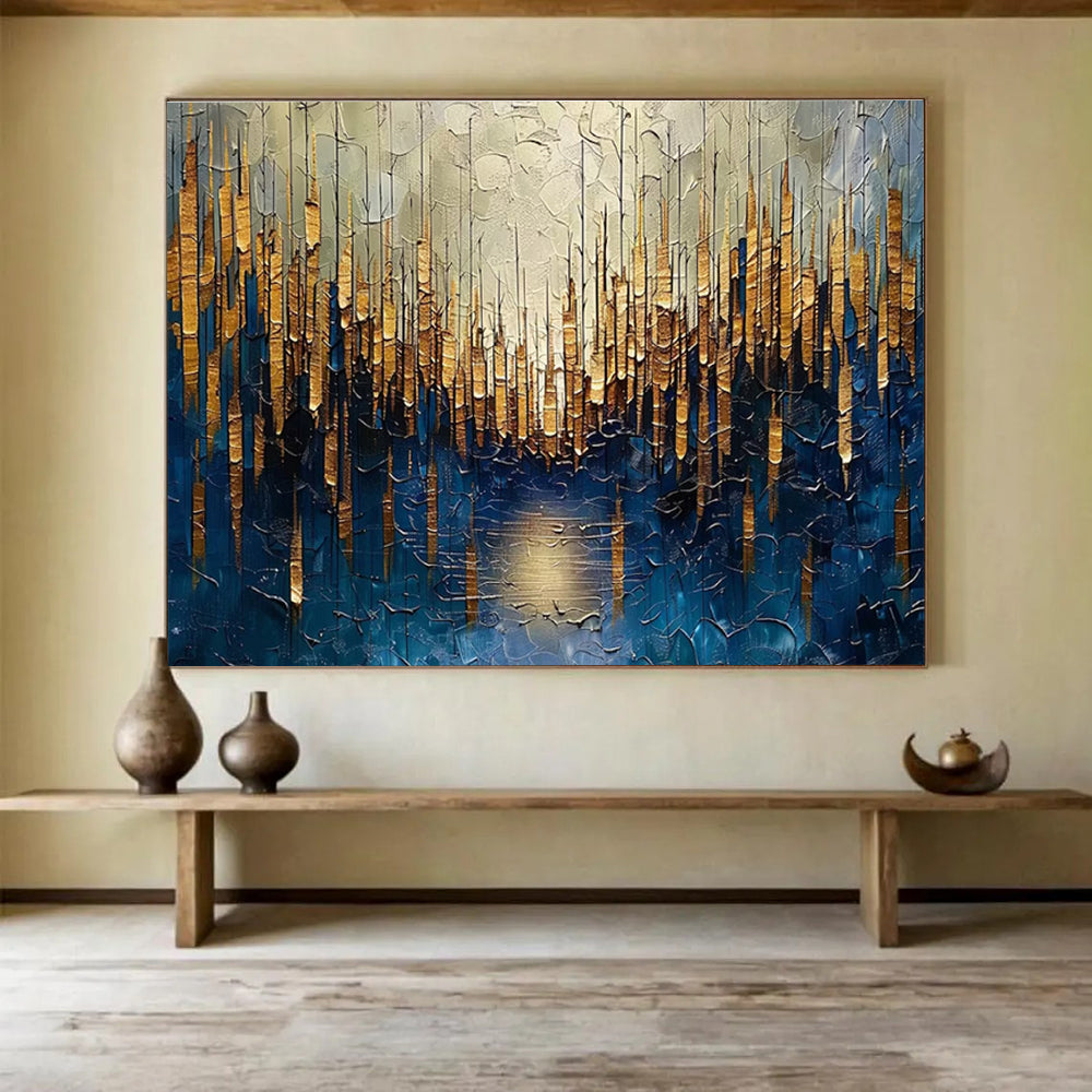 Golden Forest Abstract Painting with Blue and Gold Tones THY157