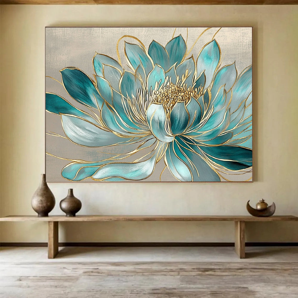 Blue Gold Lotus - Ornate Floral Abstract Painting DYP015