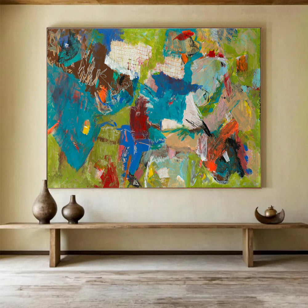 Bold Color Abstract Painting with Green, Blue, and Red Tones THY237