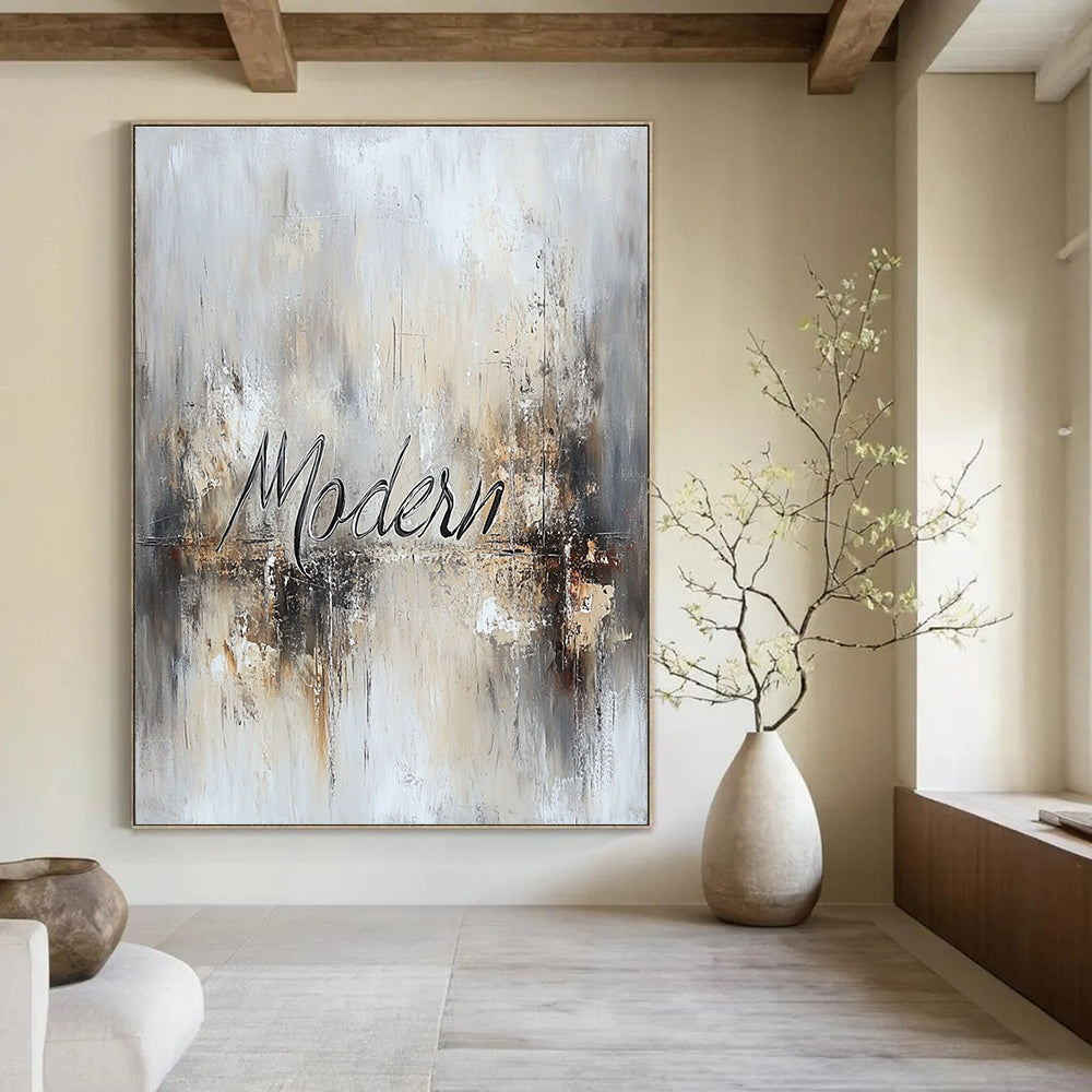Large abstract painting featuring the word Modern in cursive with muted neutrals and metallic accents for a sophisticated contemporary vibe.STSC816