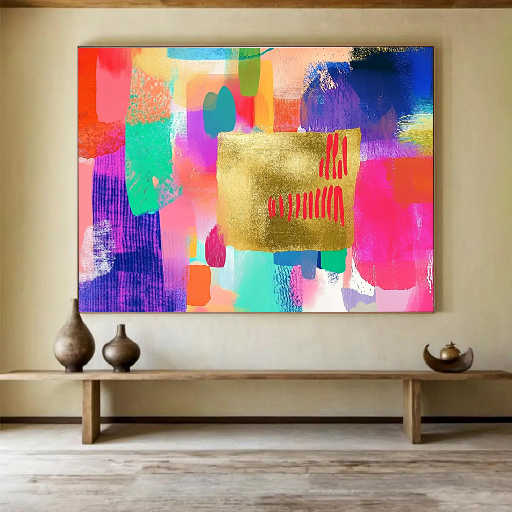 A large abstract painting featuring a golden paper centerpiece with red writing, embellished with colorful pastel brush strokes in pink, blue, green, and more.SC297