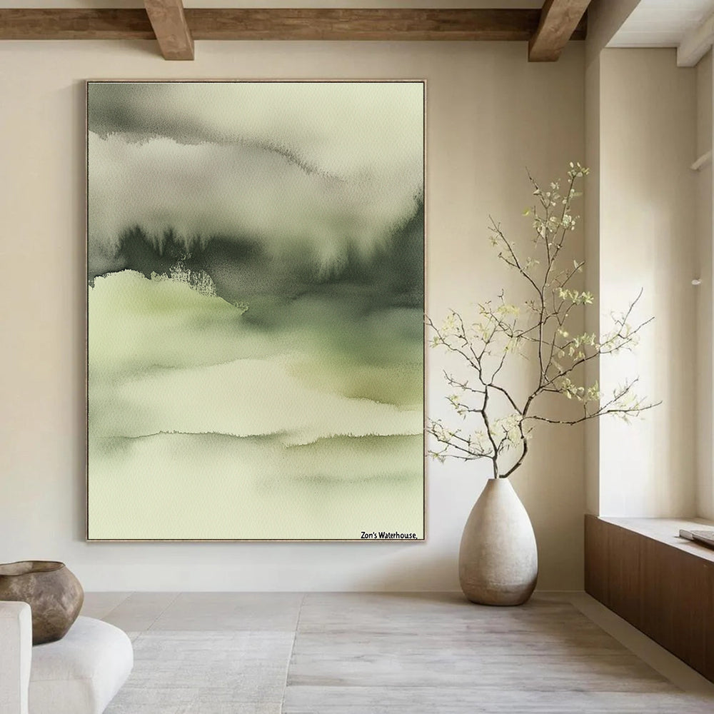 Large abstract painting in muted tones featuring soft dreamy colors and blurred edges with intricate details in ink wash style on a beige background.STSC068