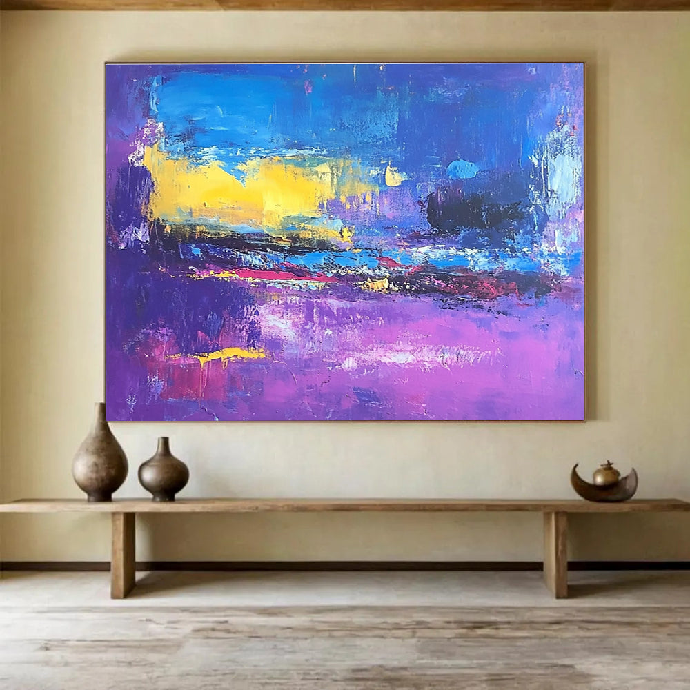 Large abstract painting depicting a violet and blue landscape inspired by Richard Diebenkorn's style.SC044