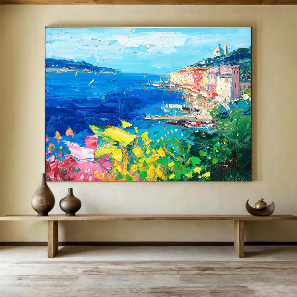 Blue Pink Yellow Coastal Harbor Abstract Painting THY486