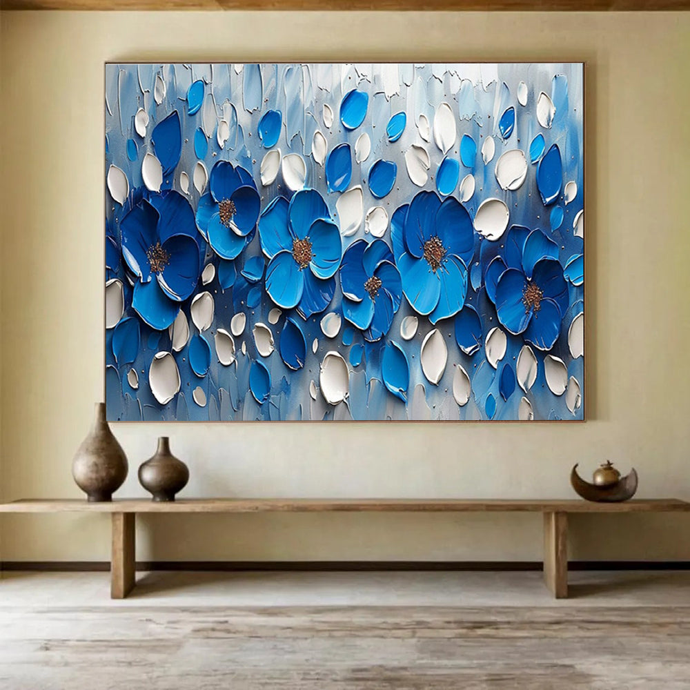 Blue Flower Relief Abstract Painting with Blue, White, and Brown Tones THY173
