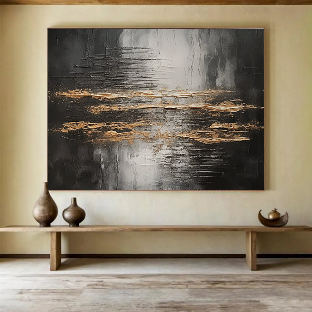 Black and Gold Abstract Painting with Textured Patterns THY318