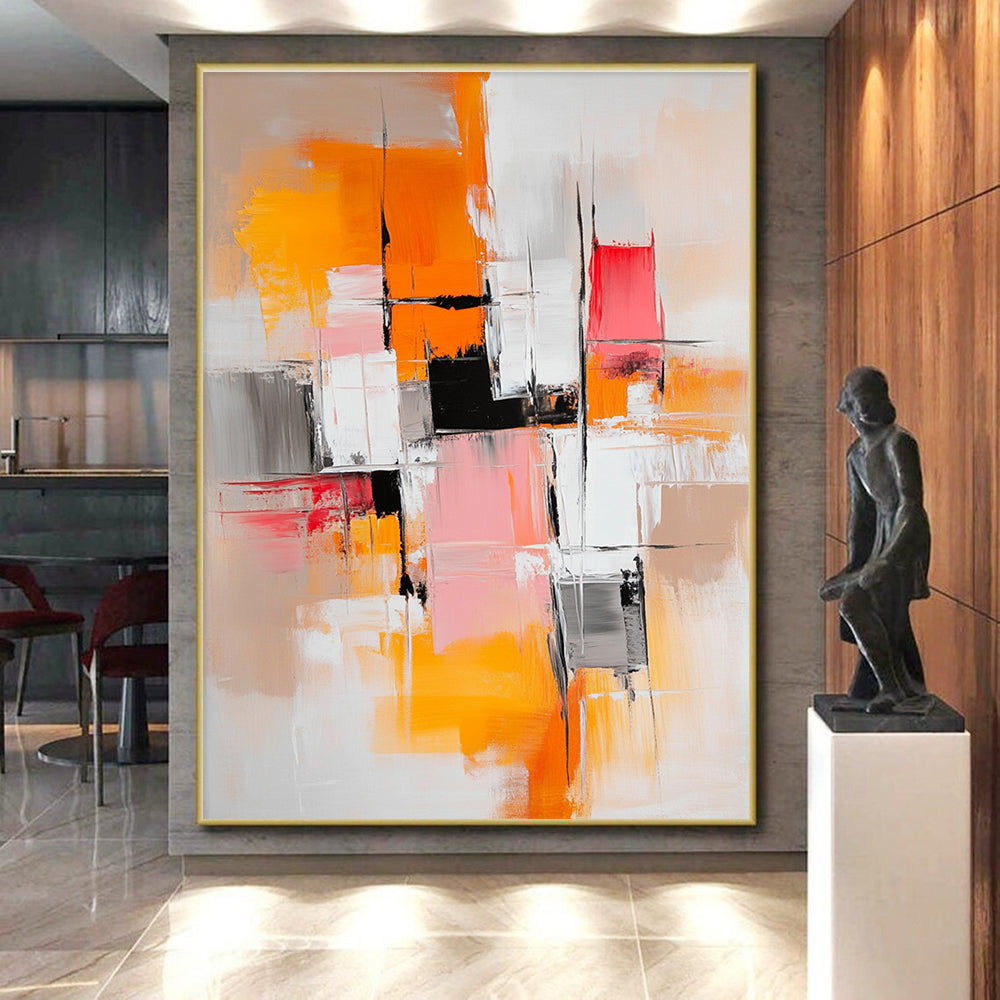 Orange Pink Gray Abstract Painting with Geometric Shapes GER760