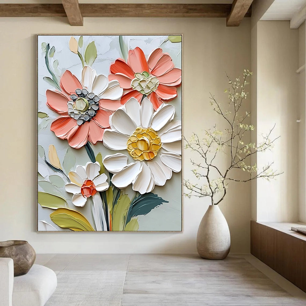 Large abstract painting of textured flowers in vibrant colors featuring a close-up of a delicate daisy-like bloom in a vintage modern style.STSC1126