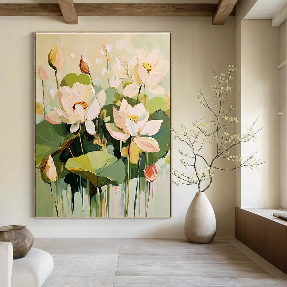 Large abstract painting featuring light green and cream lotus flowers with green leaves and pink buds in an elegant harmonious composition.STSC319