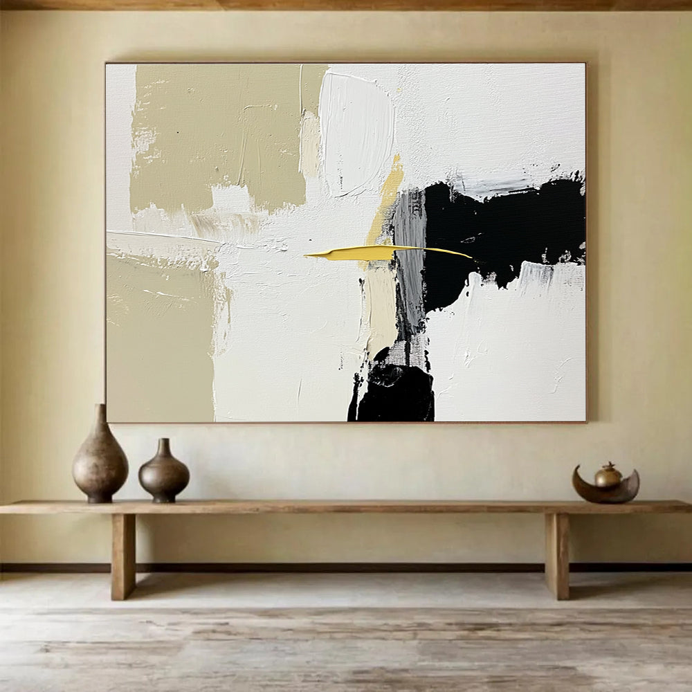 Large abstract painting featuring white beige and black shapes with brush strokes and a small yellow line on an off-white background.SC206