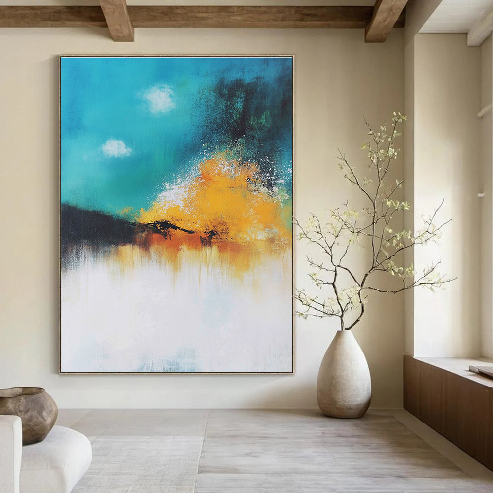 Large abstract painting of a serene explosion in pastel teal and yellow with soft smoke rising and a vintage hand-drawn feel.STSC643