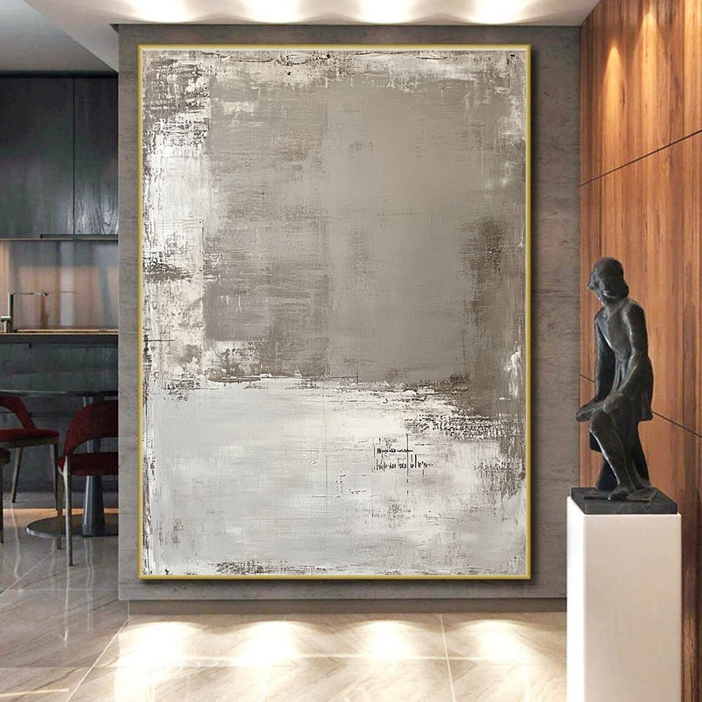 Gray and White Textured Abstract Painting with Layered Brushstrokes GER006