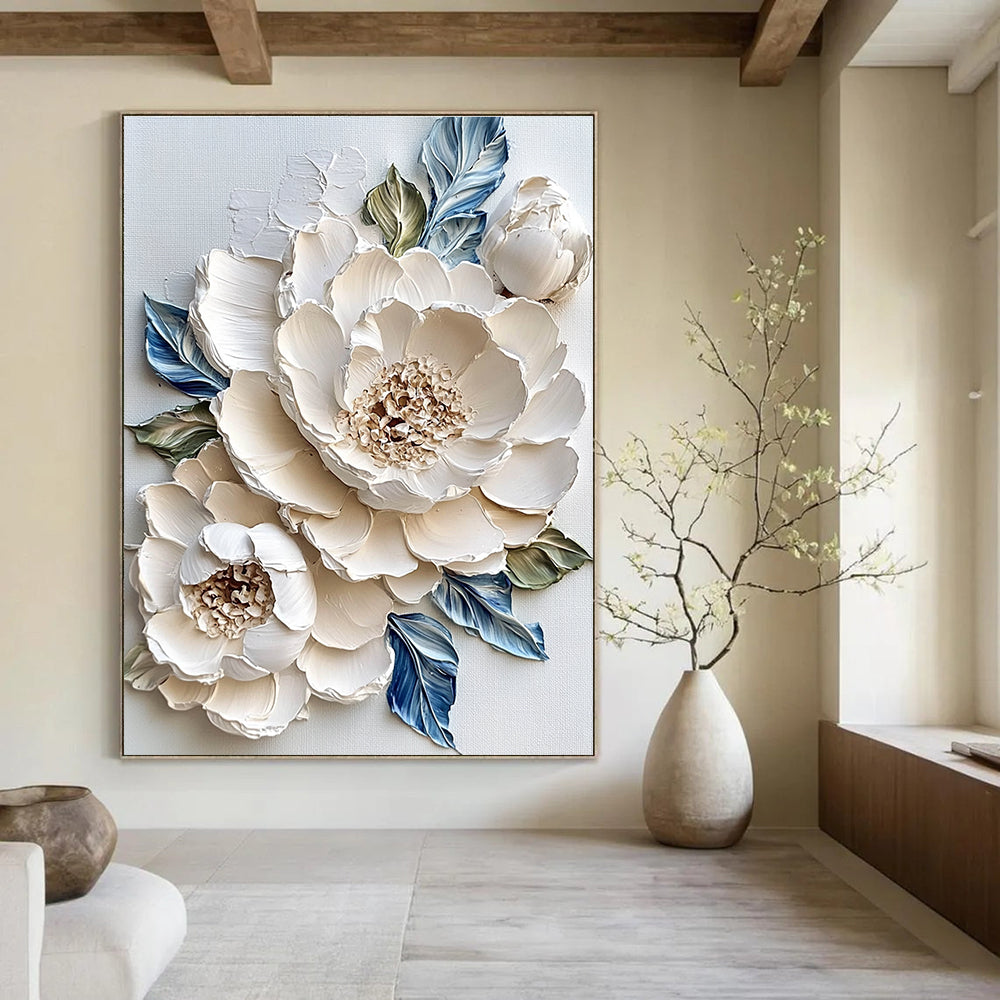 Large abstract painting of white peonies with impasto textures surrounded by blue and green leaves on a white background.STSC366