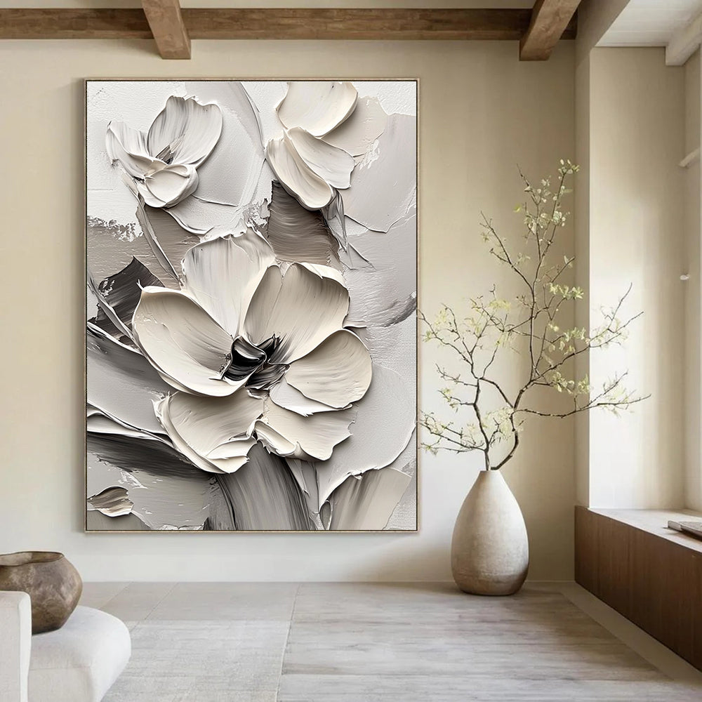 Large abstract painting of white flowers in thick impasto style on a white background, creating a striking monochromatic effect.STSC513