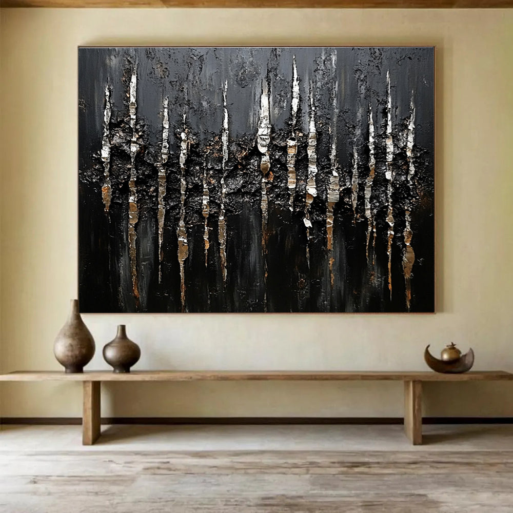 Black and Silver Textured Abstract Painting with Dripping Effects DYP180