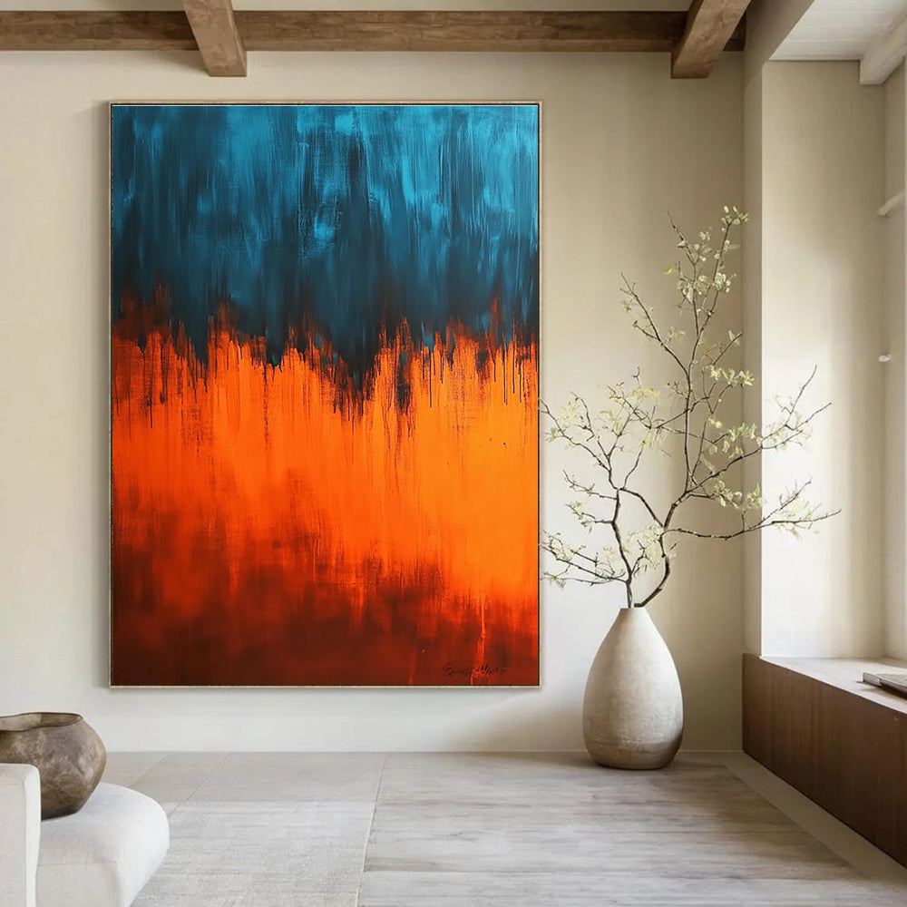Large abstract painting featuring an orange and blue gradient background with strong light and dark contrasts creating a mysterious ethereal atmosphere.STSC385