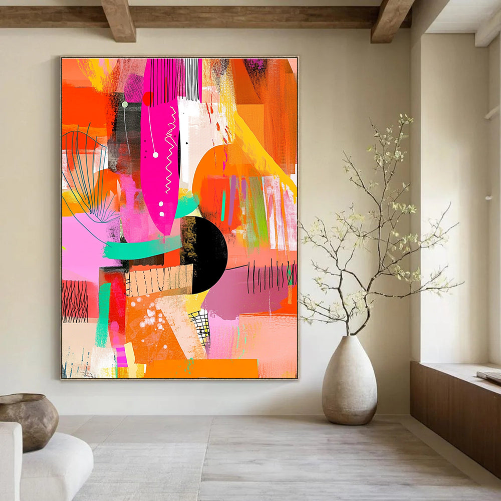 A large abstract painting featuring vibrant pink orange yellow green and black hues with dynamic shapes textures and patterns for modern decor.STSC1222