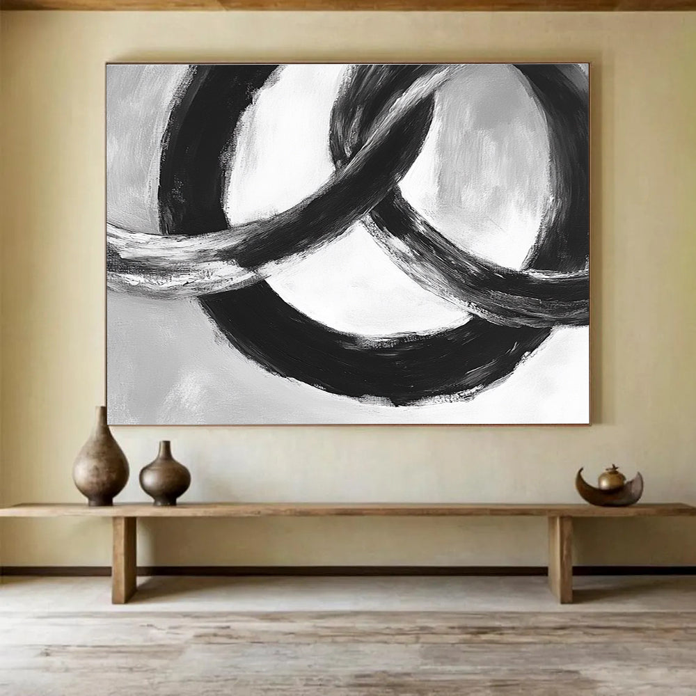 Black and White Linked Rings Abstract Painting with Bold Brushstrokes DYP175