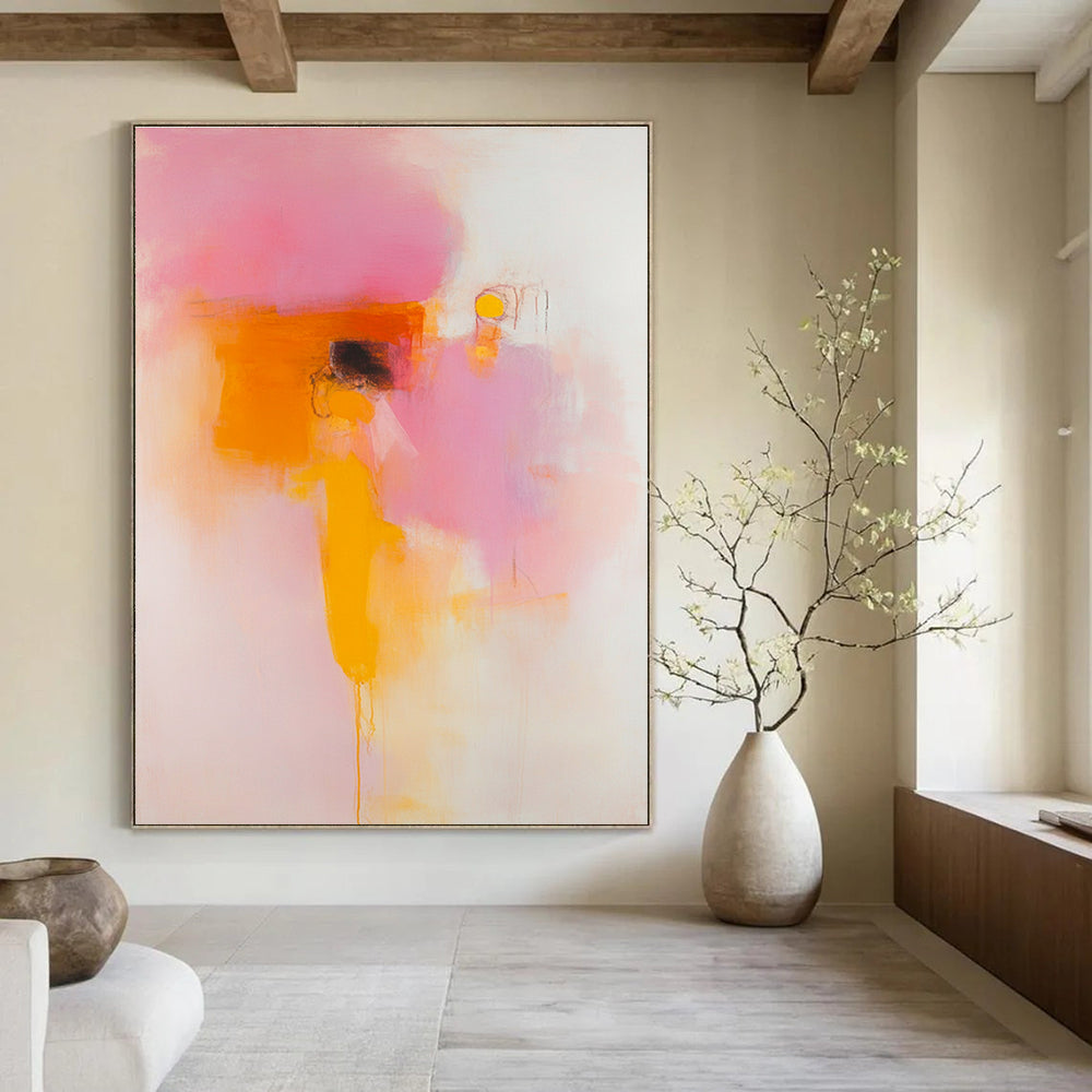 Large abstract painting featuring peach and pink hues with blurred forms and clear lines on a white background in soft orange yellow and red tones.STSC1409