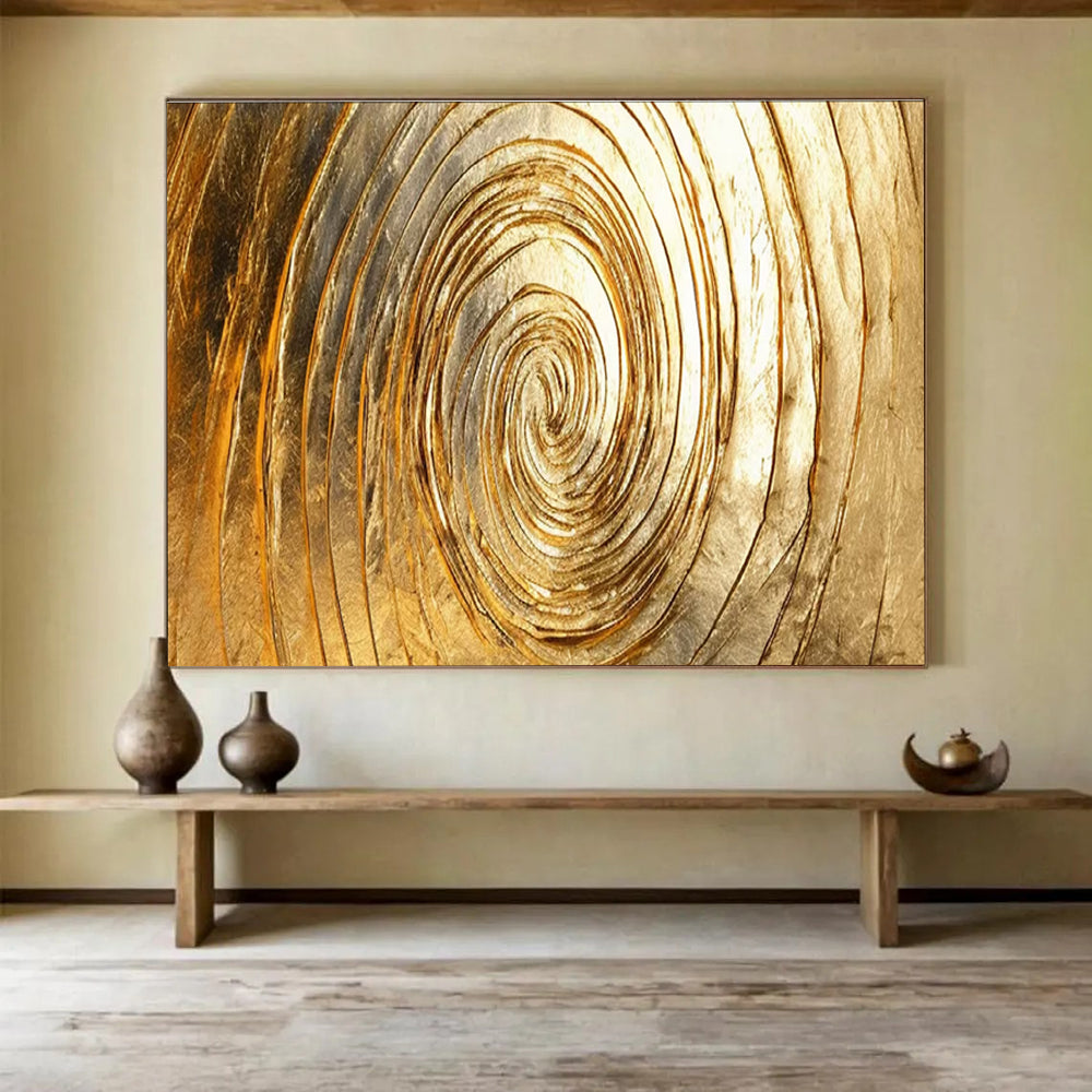 Golden Spiral Abstract Painting with Metallic Gold Tones THY167