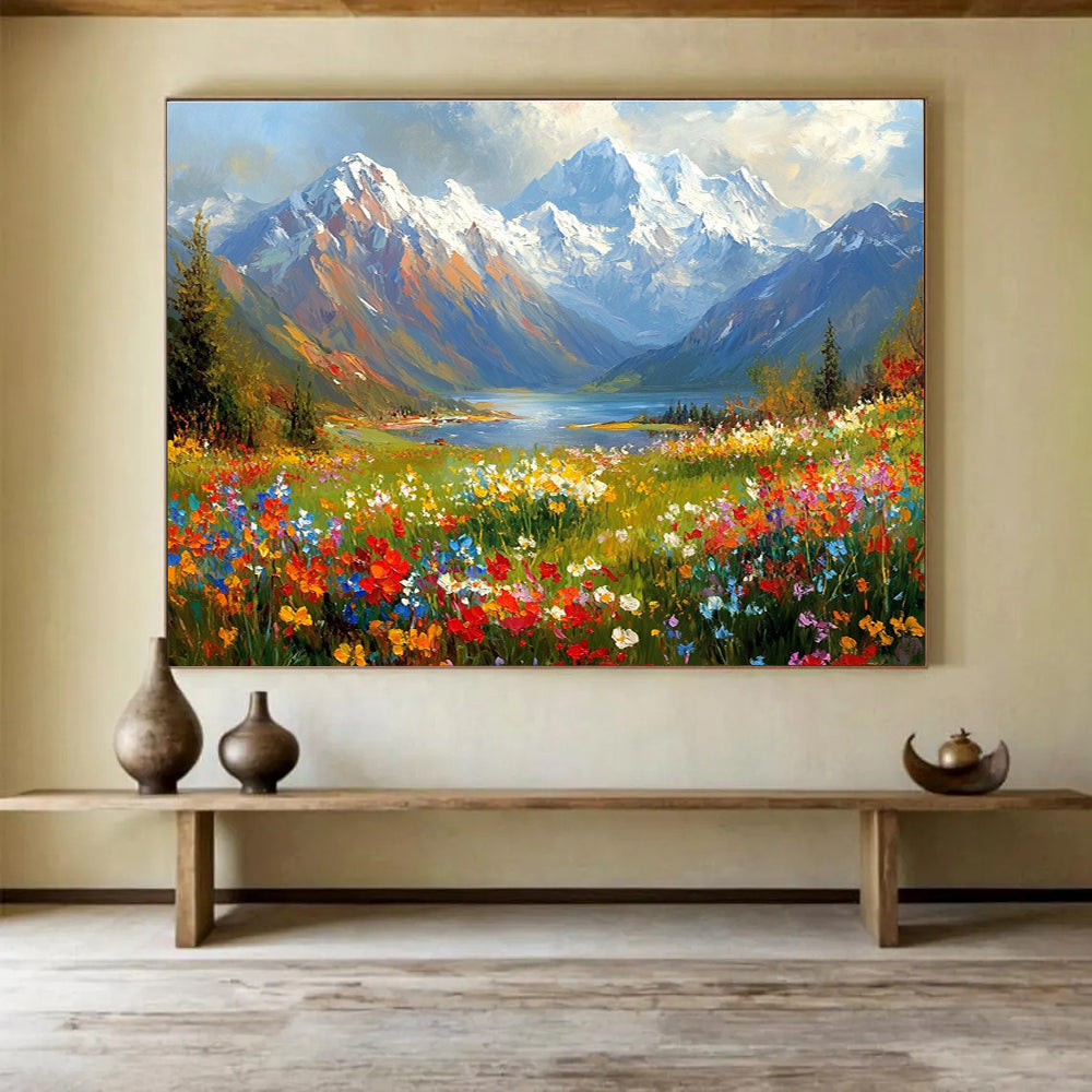 Flower - Filled Mountain Valley Abstract Painting with Colorful Blossoms DYP577