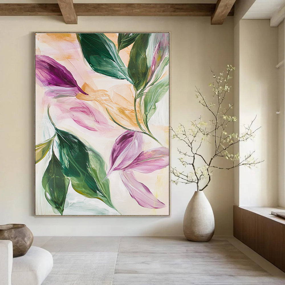 Abstract oil painting featuring leaves and flowers in pink green white beige and light gold with hints of purple and peach colors.STSC595