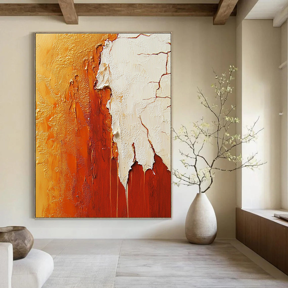 Large abstract painting featuring a red rock canyon in vibrant orange and white hues, showcasing intricate details and texture.STSC490