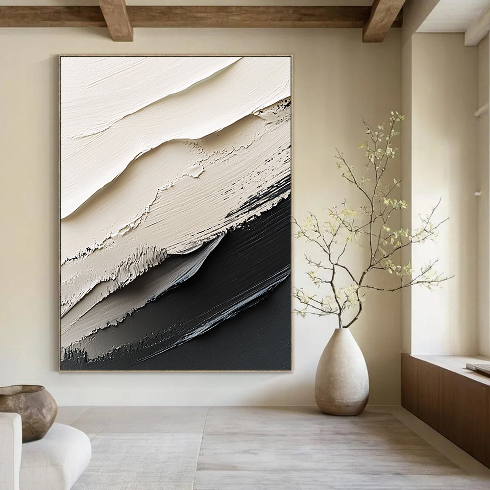 Large abstract painting in black and white featuring dynamic brush strokes and rich textures that create striking contrasts and depth.STSC1470