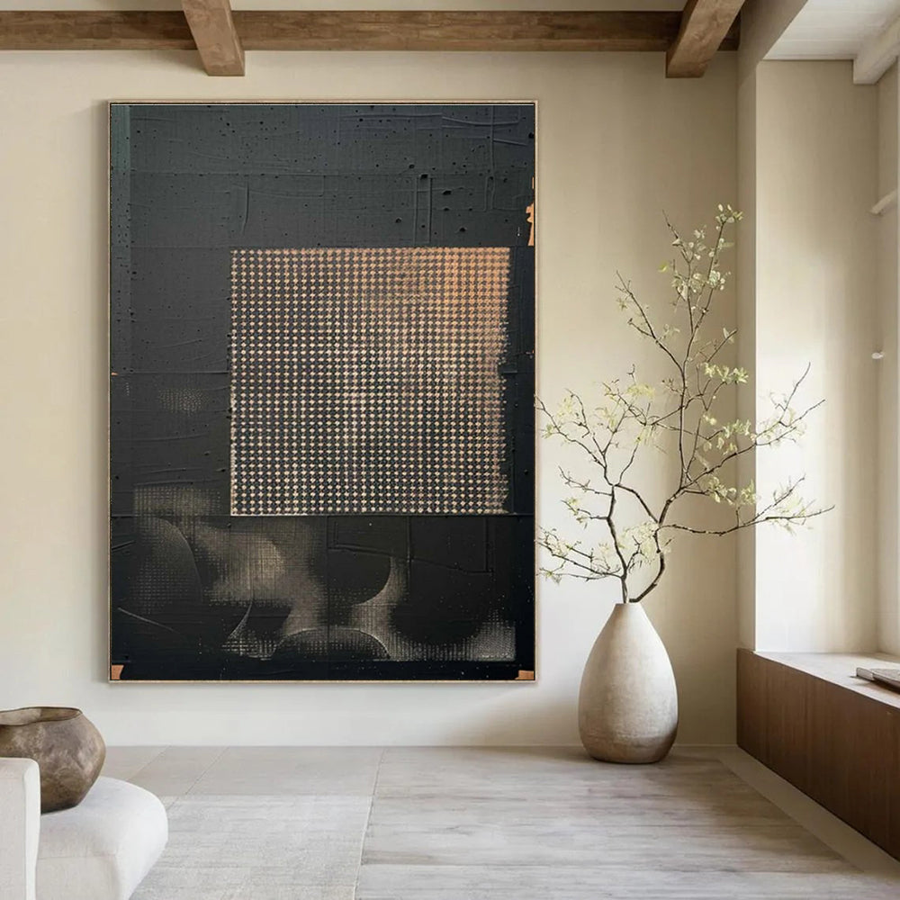 Black Abstract Painting with Grid Pattern and Beige Accents ADGE306