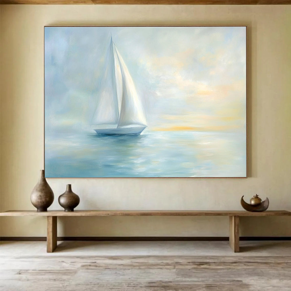 A large abstract painting of serene sea with elegant sailboat and soft pastel colors creating a tranquil Impressionist atmosphere.SC547