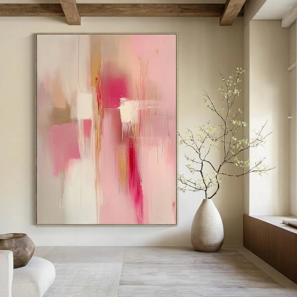 Large abstract painting in pink and gold tones featuring soft edges blurred details and emotional depth creating a serene romantic atmosphere.STSC784