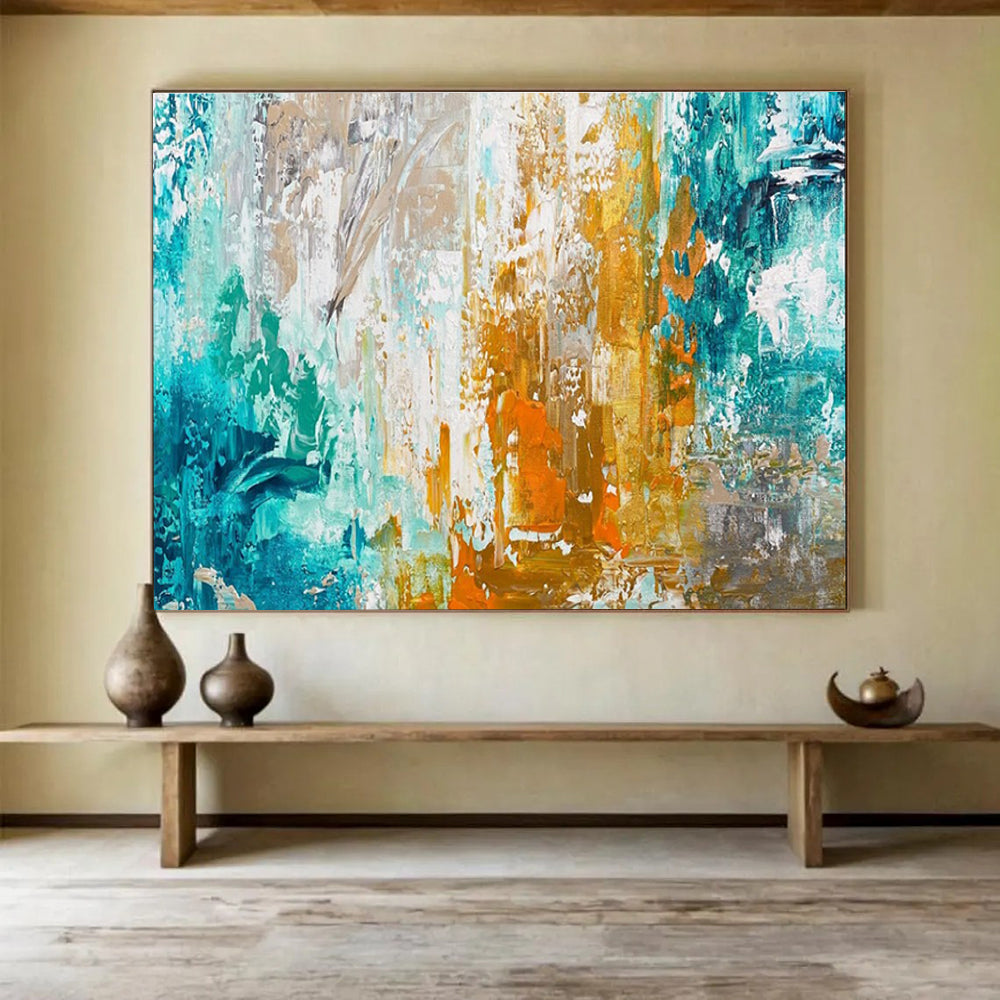 Teal Gold Orange Abstract Painting with Vibrant, Energetic Combinations THY382