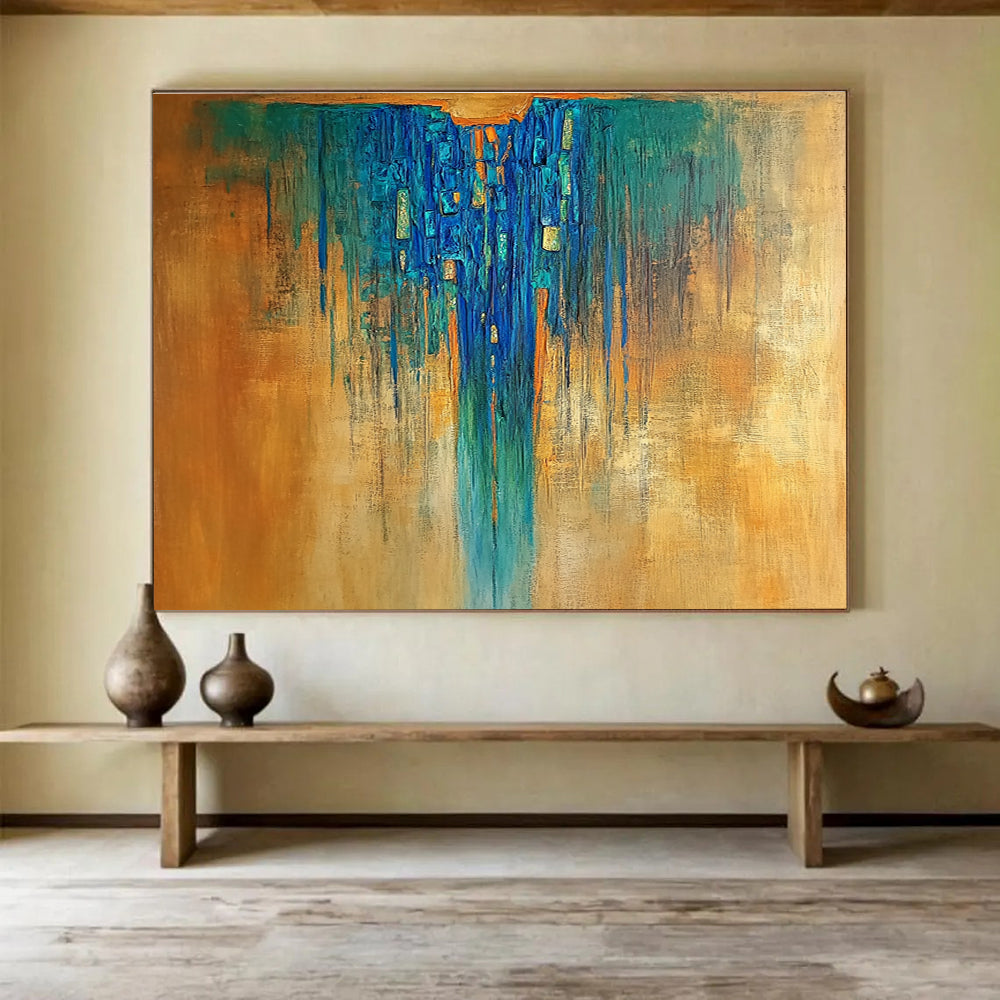 Blue Drip Abstract Painting with Gold Accents DYP498