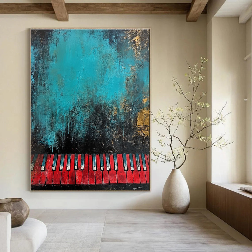 Large abstract painting in teal and black featuring textured red piano keys at the bottom for a striking visual impact.STSC230